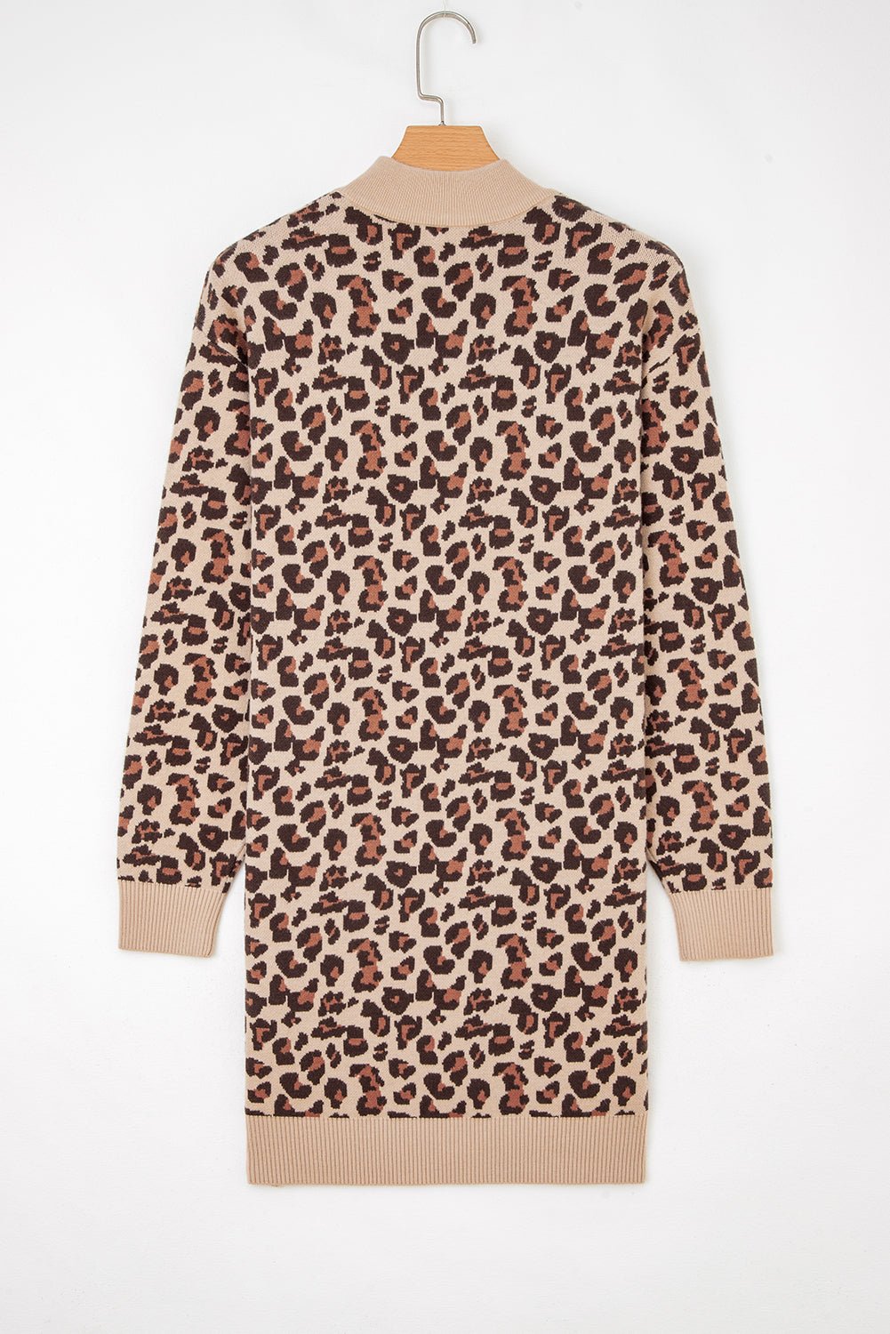 Khaki Leopard Print High Neck Shift Mini Sweater Dress - MAD RUFFI
