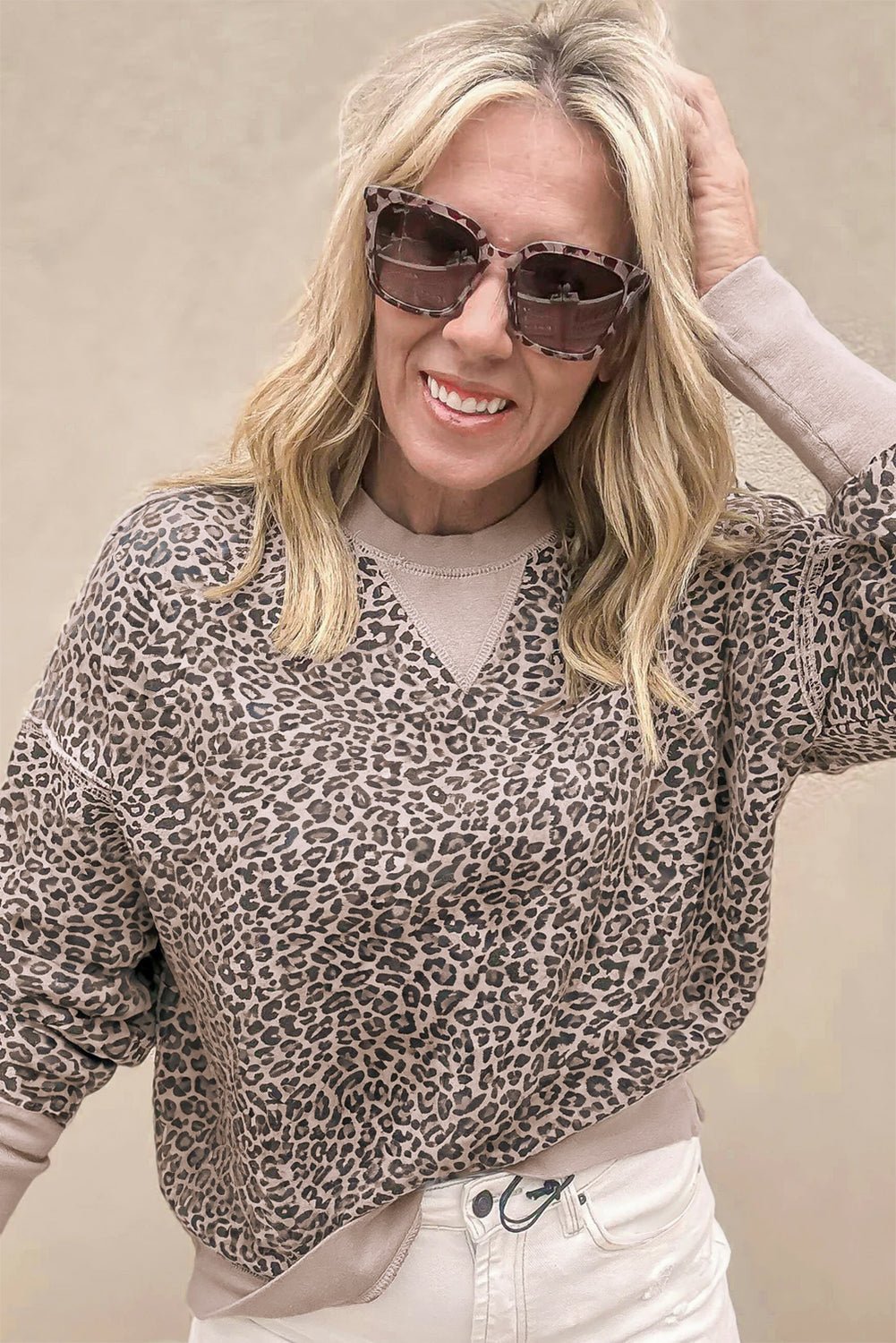 Khaki Leopard Print Patchwork Crew Neck Sweatshirt - MAD RUFFI
