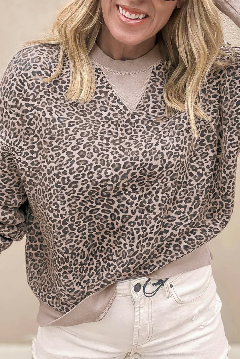Khaki Leopard Print Patchwork Crew Neck Sweatshirt - MAD RUFFI