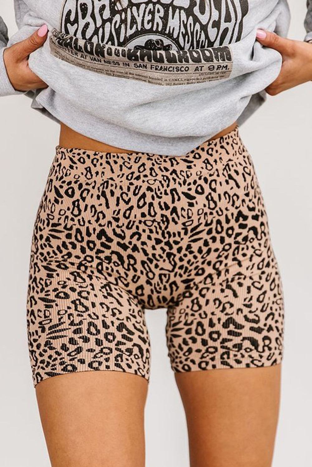 Khaki Leopard Print Ribbed Textured Knit Biker Shorts - MAD RUFFI