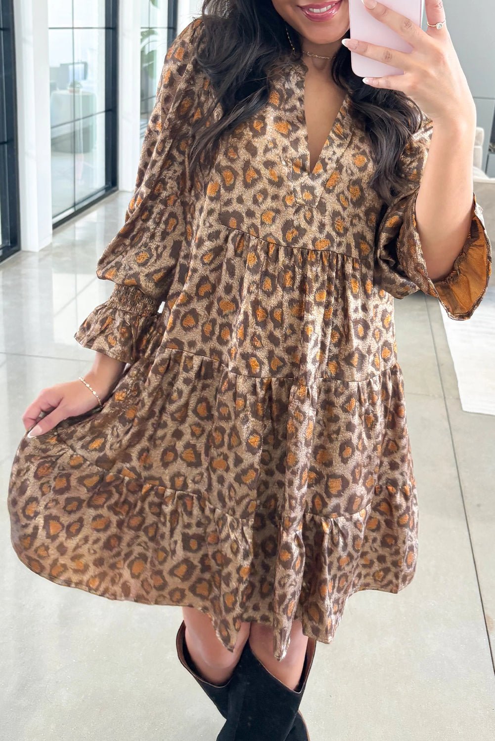 Khaki Leopard Print V Neck Ruffled Sleeve Tiered Loose Mini Dress - MAD RUFFI