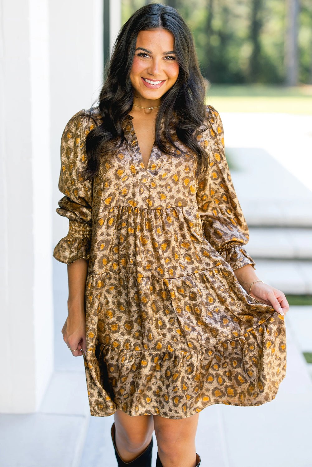 Khaki Leopard Print V Neck Ruffled Sleeve Tiered Loose Mini Dress - MAD RUFFI