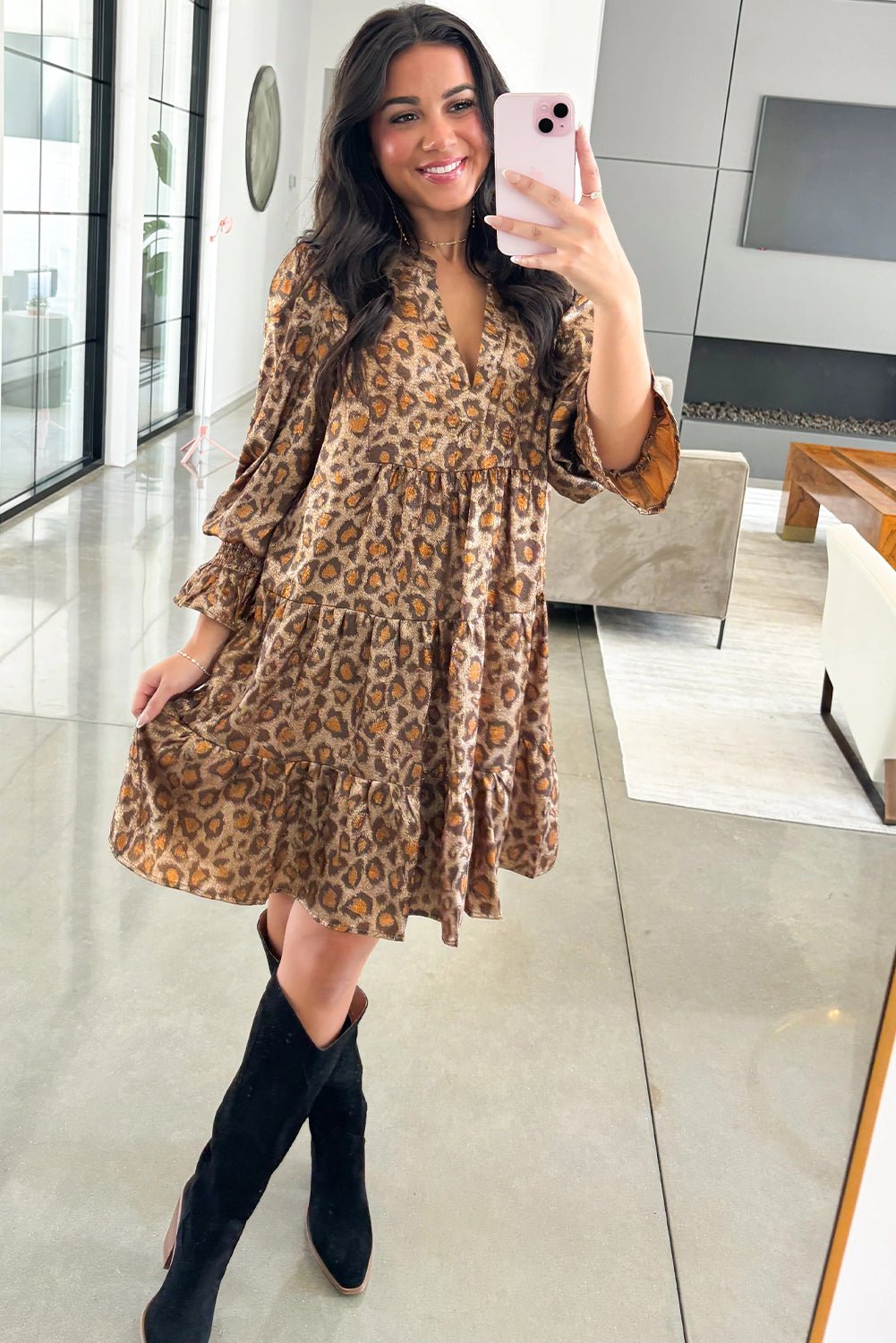 Khaki Leopard Print V Neck Ruffled Sleeve Tiered Loose Mini Dress - MAD RUFFI