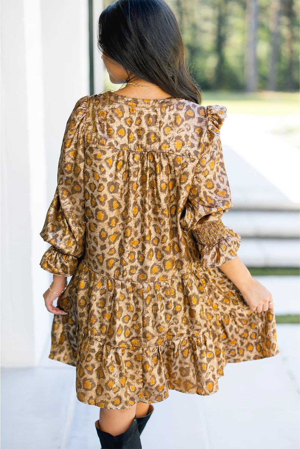 Khaki Leopard Print V Neck Ruffled Sleeve Tiered Loose Mini Dress - MAD RUFFI