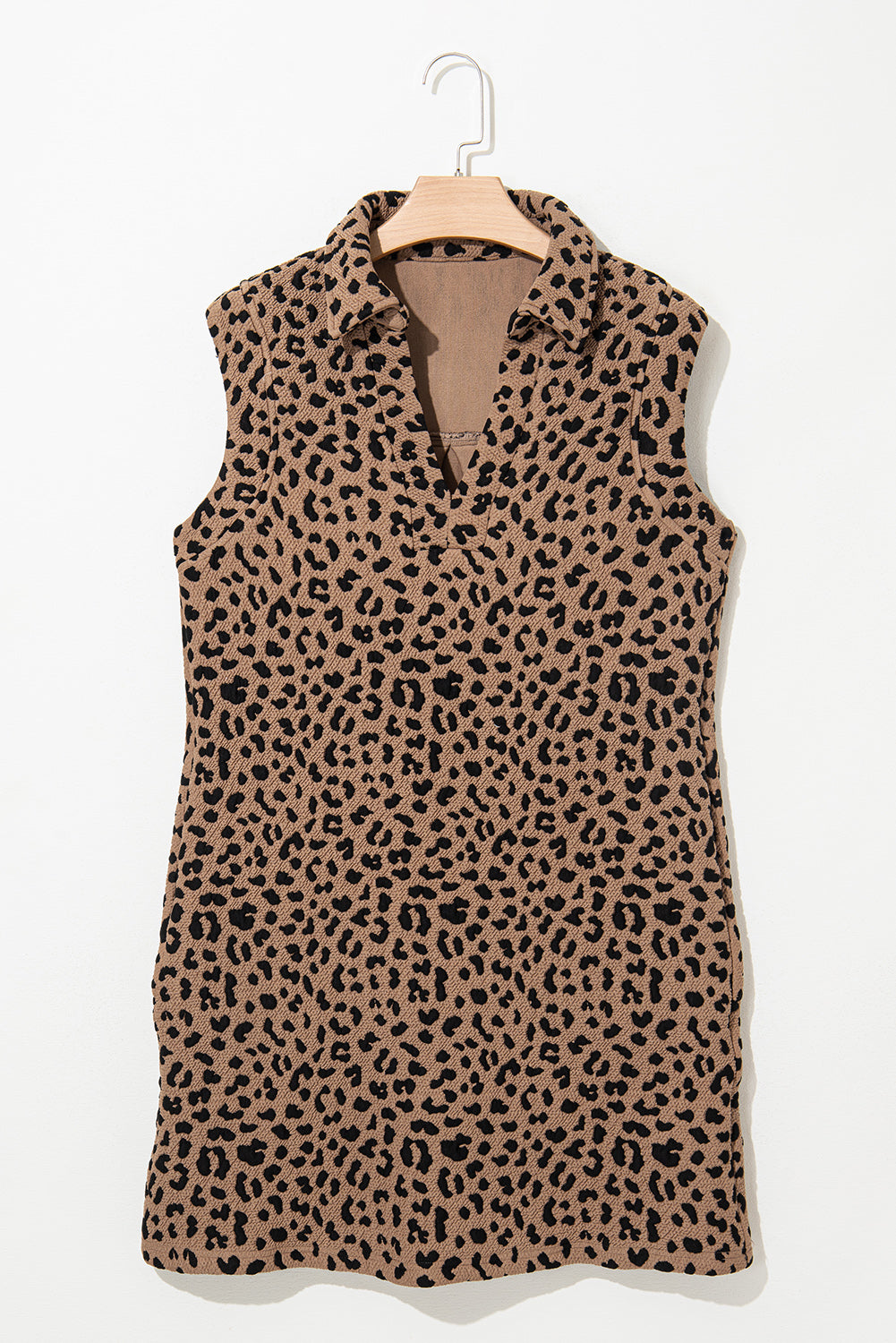 Khaki Leopard Print V Neck Sleeveless Collared Mini Dress - Short Dresses