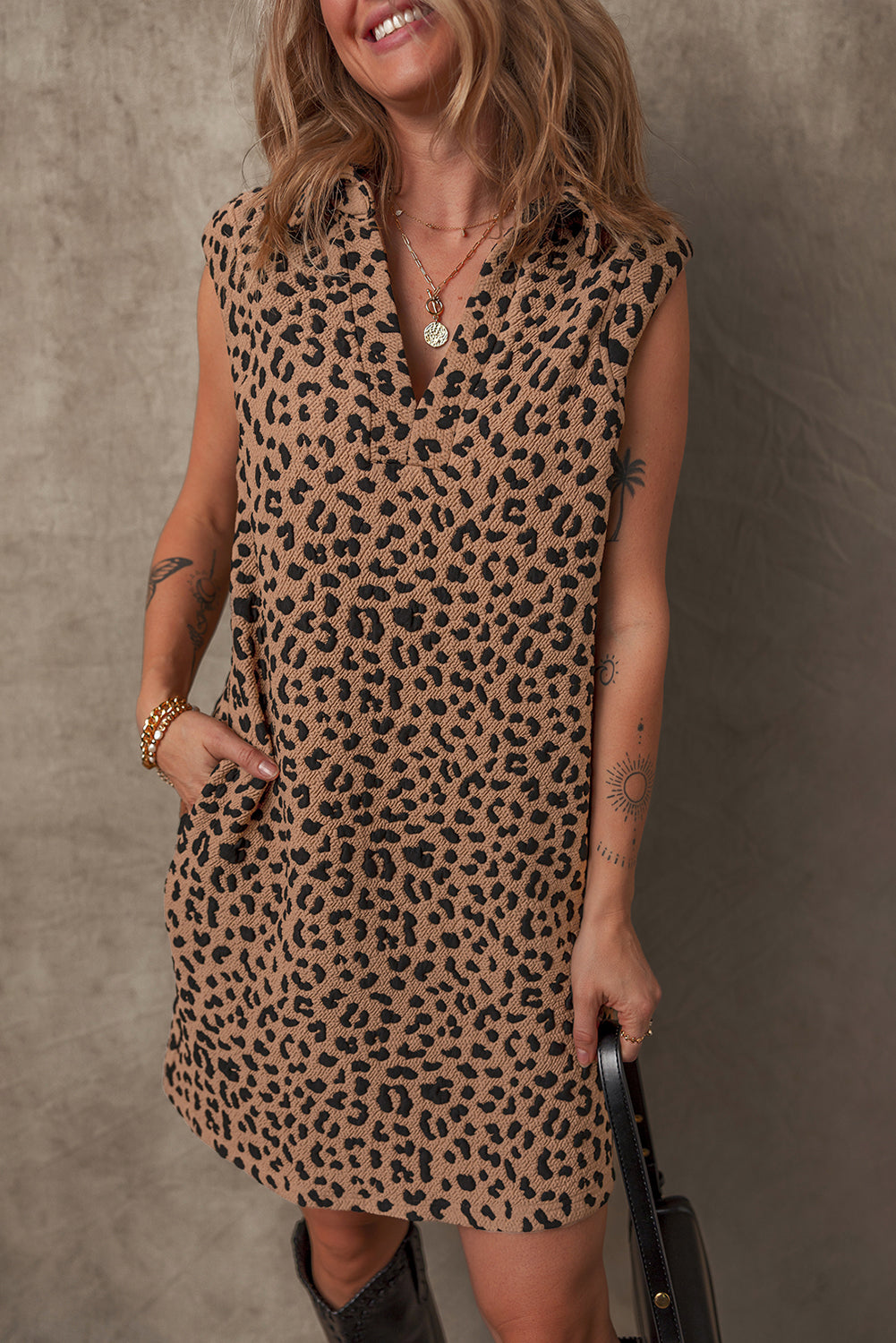 Khaki Leopard Print V Neck Sleeveless Collared Mini Dress - Short Dresses