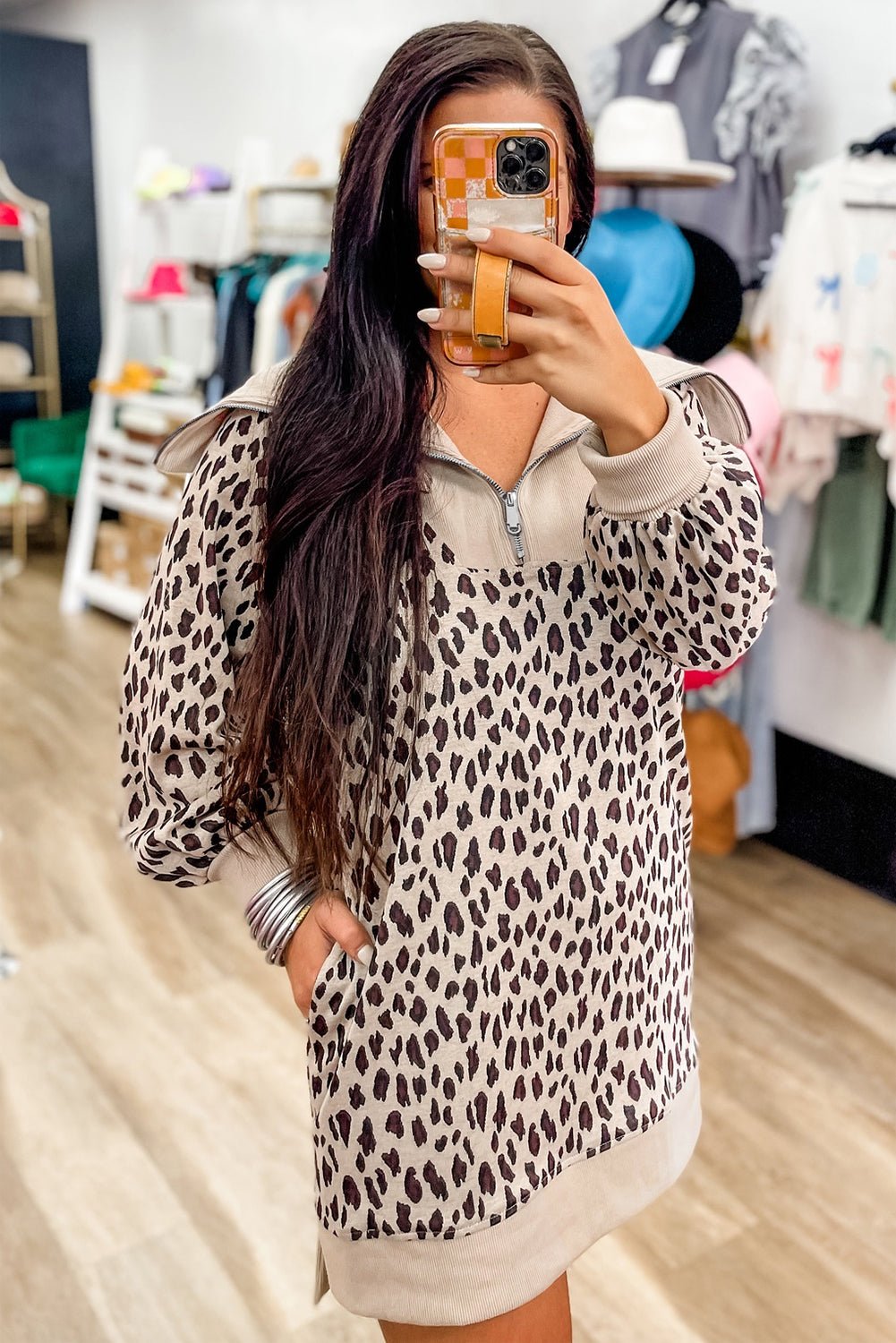 Khaki Leopard Print Zip up Collar Patchwork Shift Mini Dress - MAD RUFFI