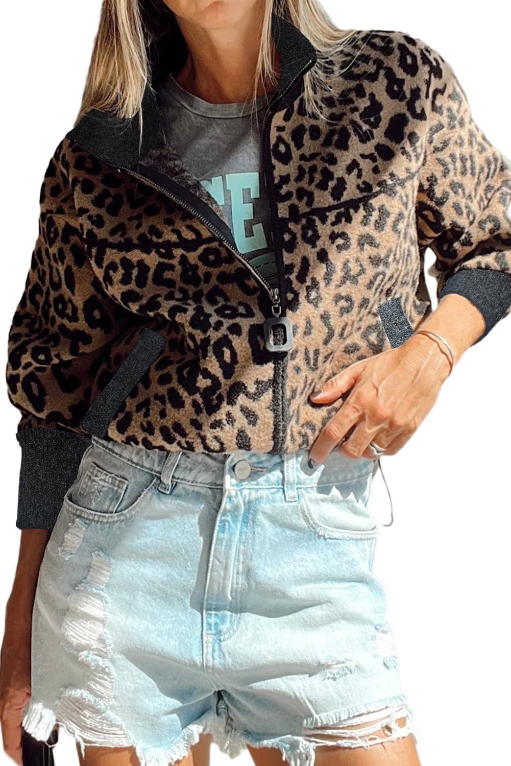 Khaki Leopard Print Zip Up Stand Neck Side Pocket Jacket - MAD RUFFI