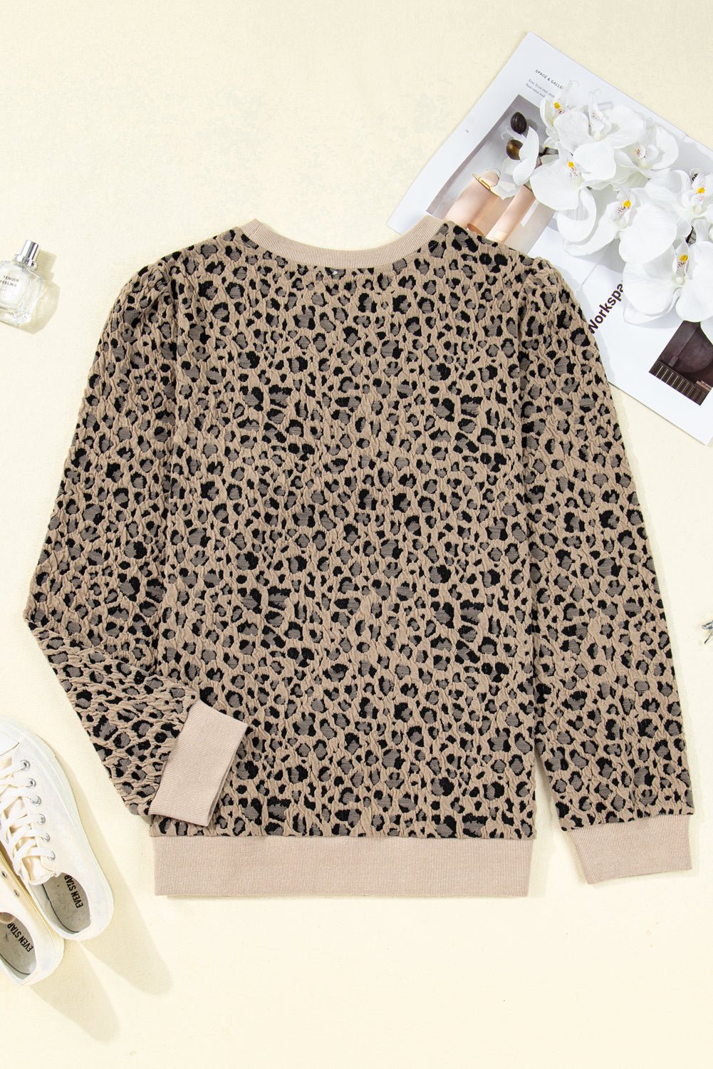Khaki Leopard Textured Ribbed Trim Plus Size Long Sleeve Top - MAD RUFFI