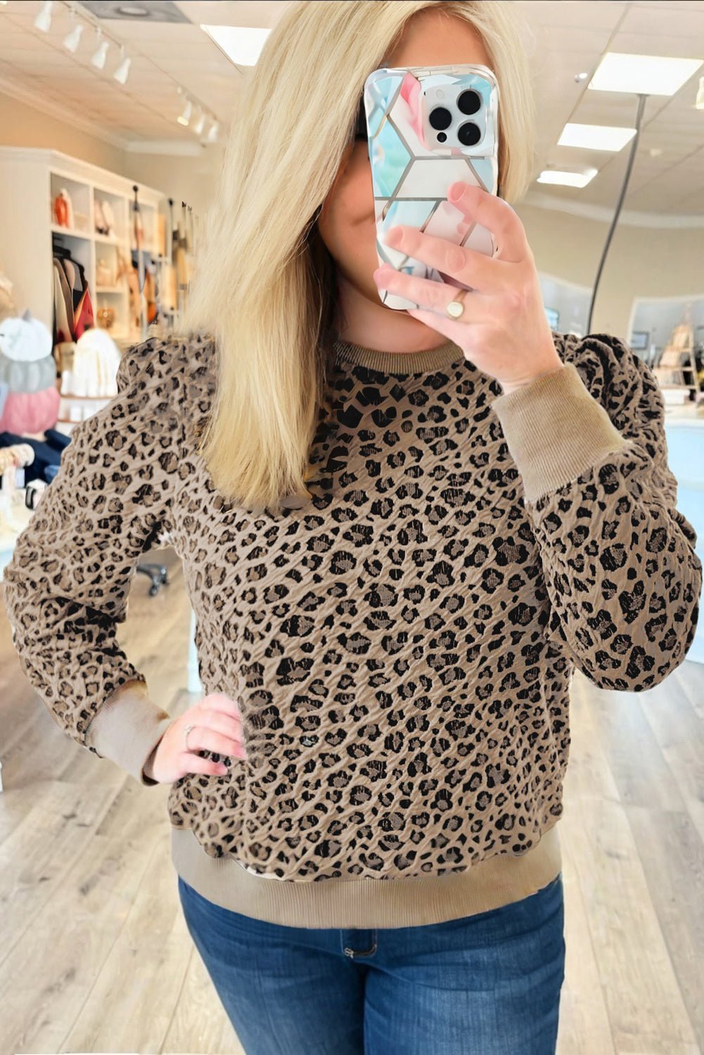 Khaki Leopard Textured Ribbed Trim Plus Size Long Sleeve Top - MAD RUFFI