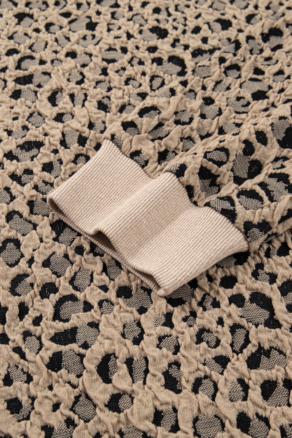 Khaki Leopard Textured Ribbed Trim Plus Size Long Sleeve Top - MAD RUFFI