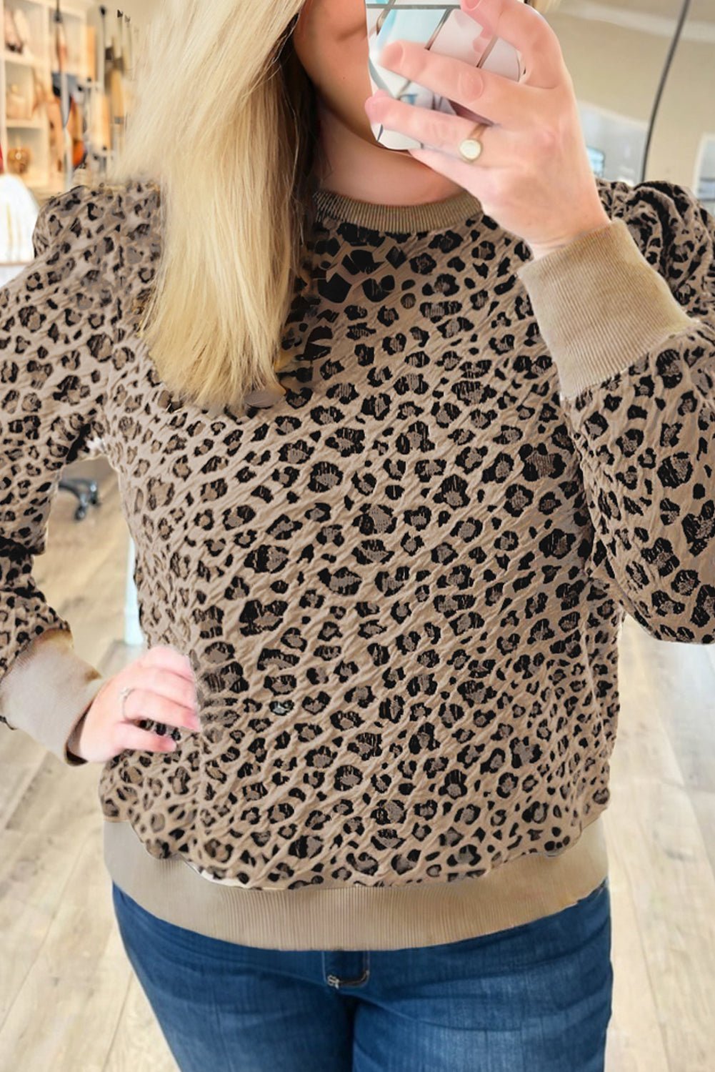 Khaki Leopard Textured Ribbed Trim Plus Size Long Sleeve Top - MAD RUFFI