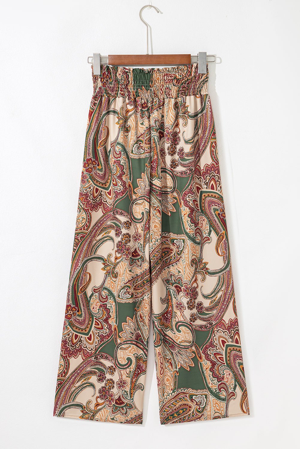 khaki paisley print boho elastic waist wide leg pants - MAD RUFFI