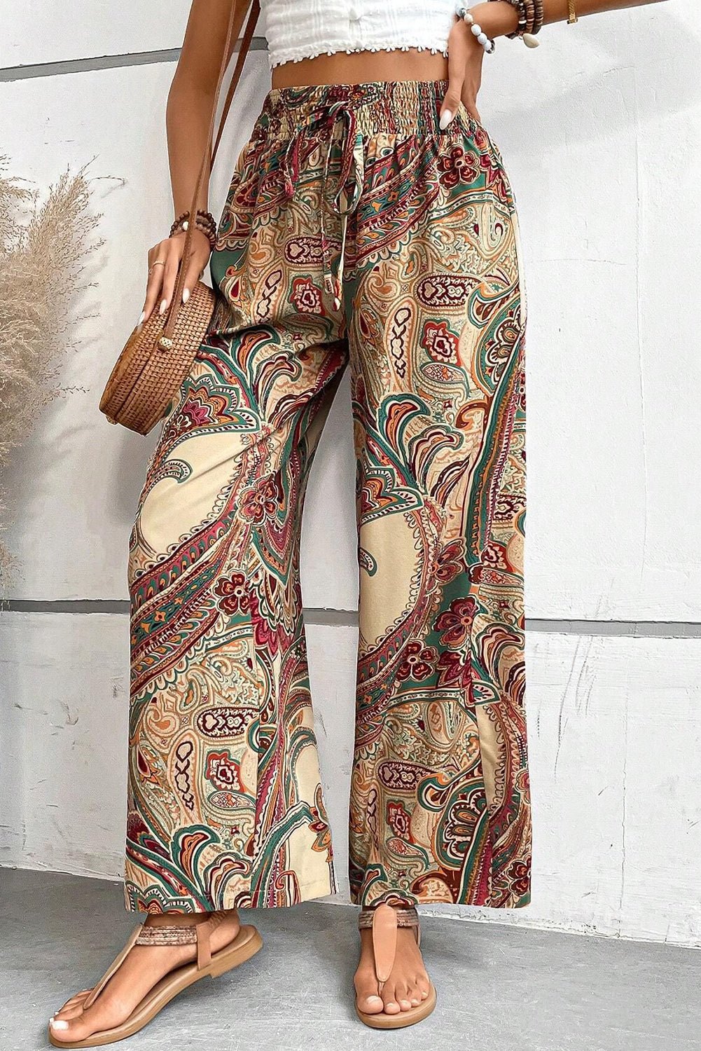 khaki paisley print boho elastic waist wide leg pants - MAD RUFFI