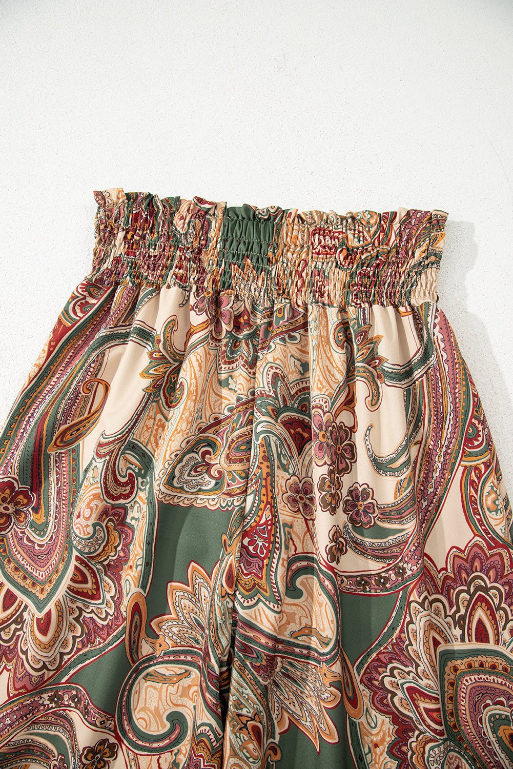 khaki paisley print boho elastic waist wide leg pants - MAD RUFFI