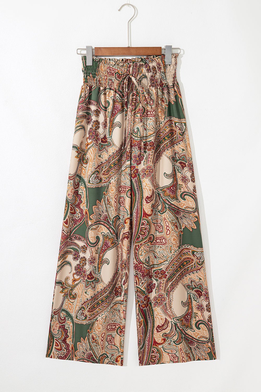 khaki paisley print boho elastic waist wide leg pants - MAD RUFFI