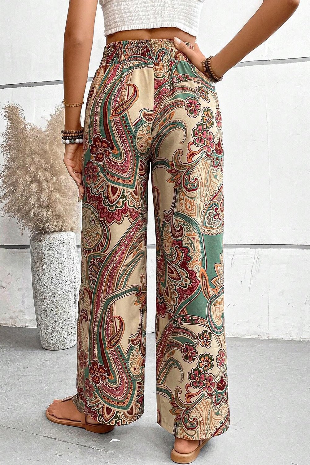 khaki paisley print boho elastic waist wide leg pants - MAD RUFFI