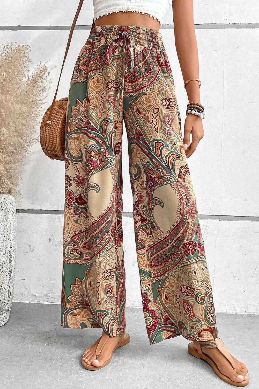 khaki paisley print boho elastic waist wide leg pants - MAD RUFFI