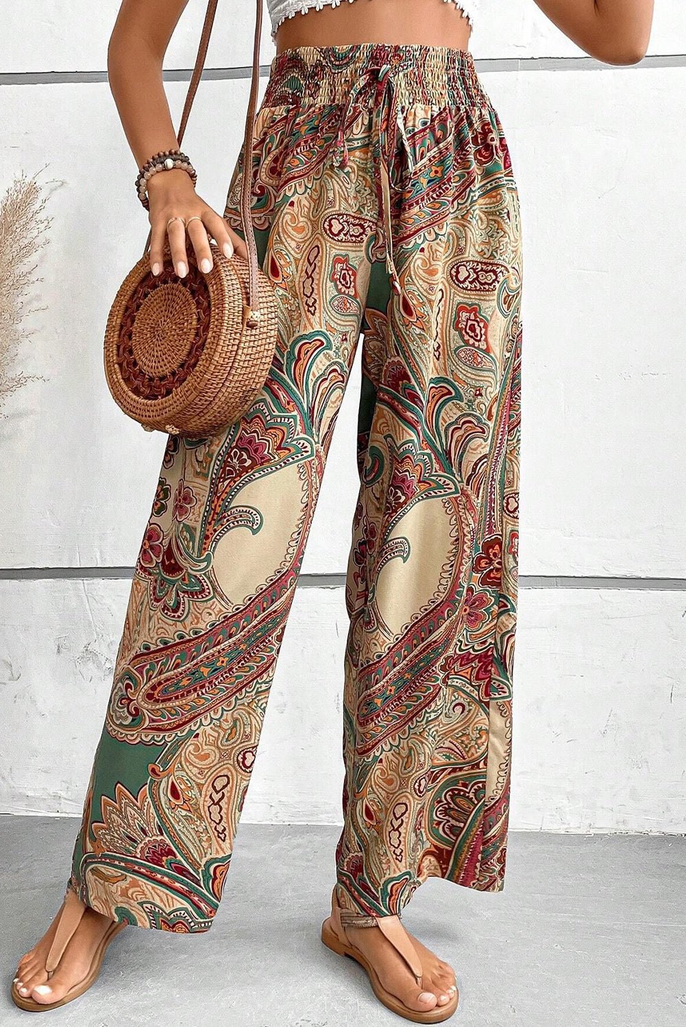 khaki paisley print boho elastic waist wide leg pants - MAD RUFFI