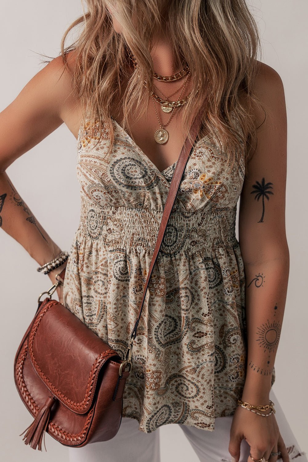Khaki Paisley Print Spaghetti Strap V Neck Smocked Cami Top - MAD RUFFI