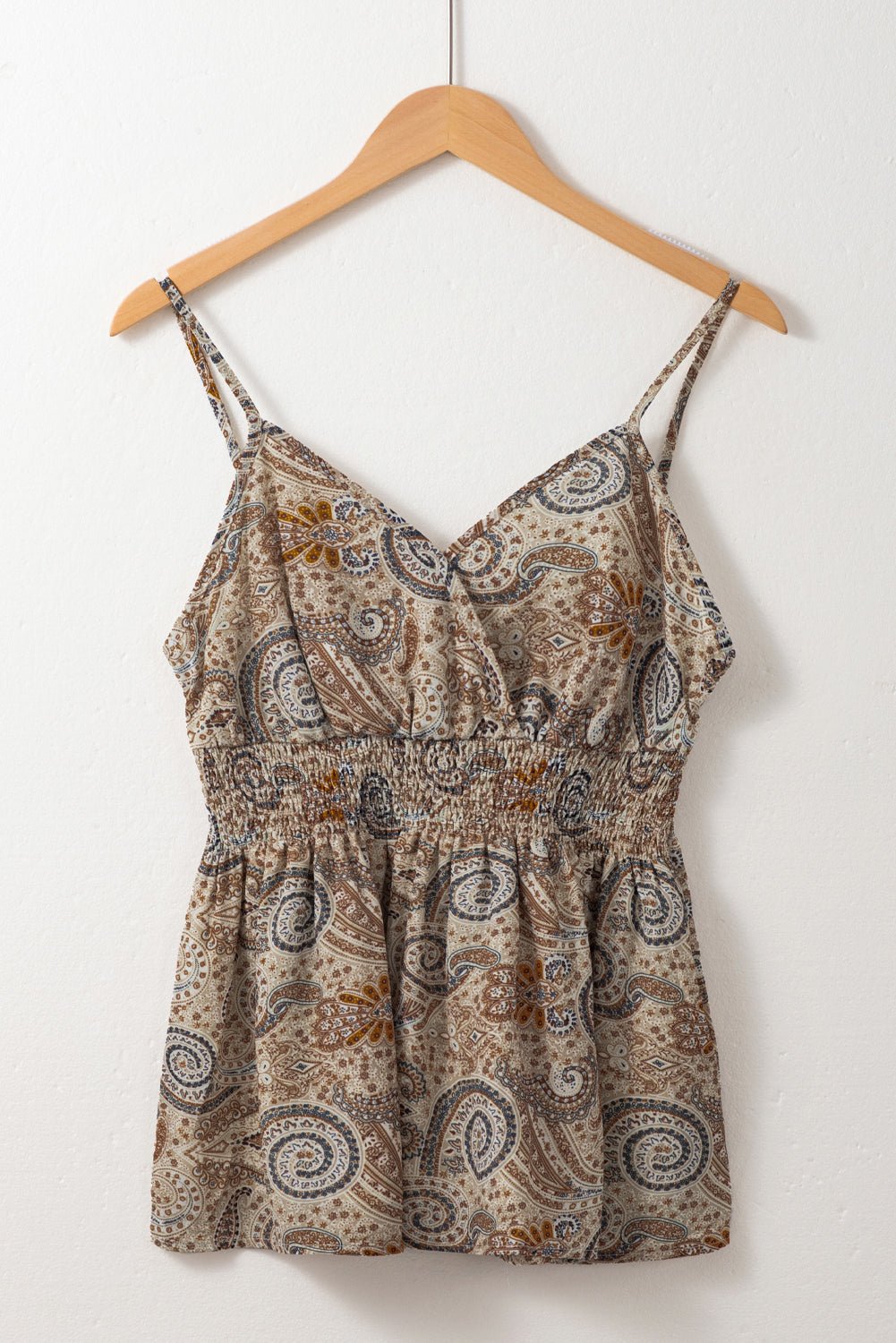 Khaki Paisley Print Spaghetti Strap V Neck Smocked Cami Top - MAD RUFFI