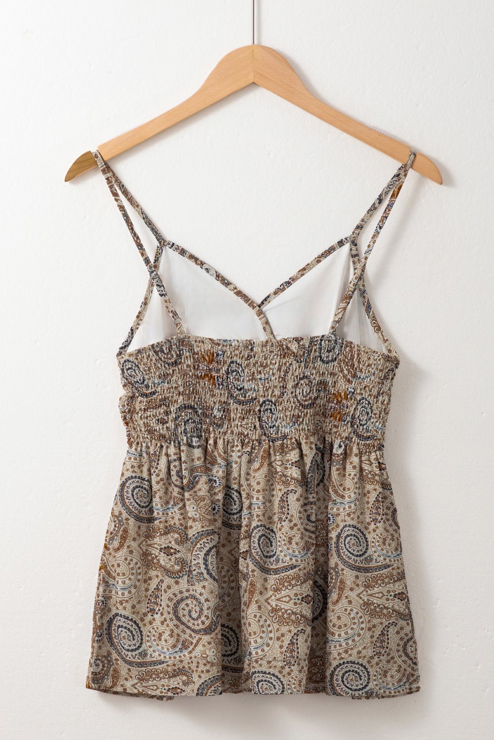 Khaki Paisley Print Spaghetti Strap V Neck Smocked Cami Top - MAD RUFFI
