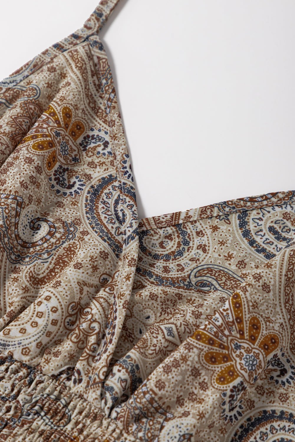 Khaki Paisley Print Spaghetti Strap V Neck Smocked Cami Top - MAD RUFFI