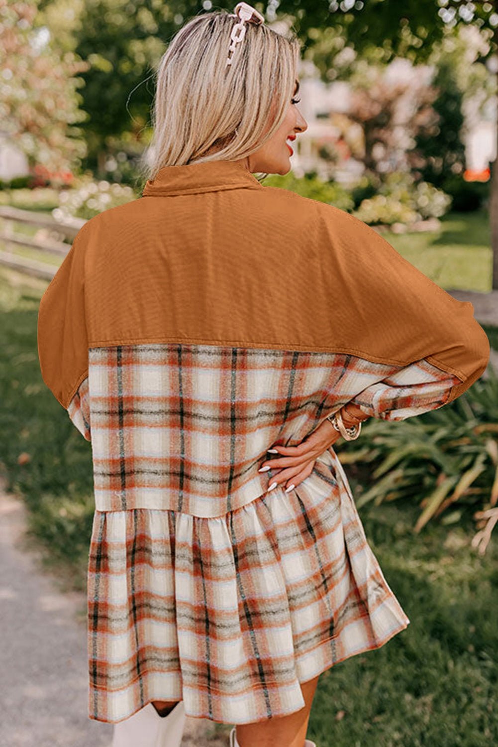 Khaki Plaid Colorblock Patchwork Ruffle Hem Tunic Shirt Dress - MAD RUFFI