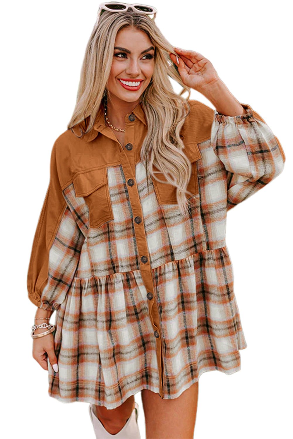 Khaki Plaid Colorblock Patchwork Ruffle Hem Tunic Shirt Dress - MAD RUFFI