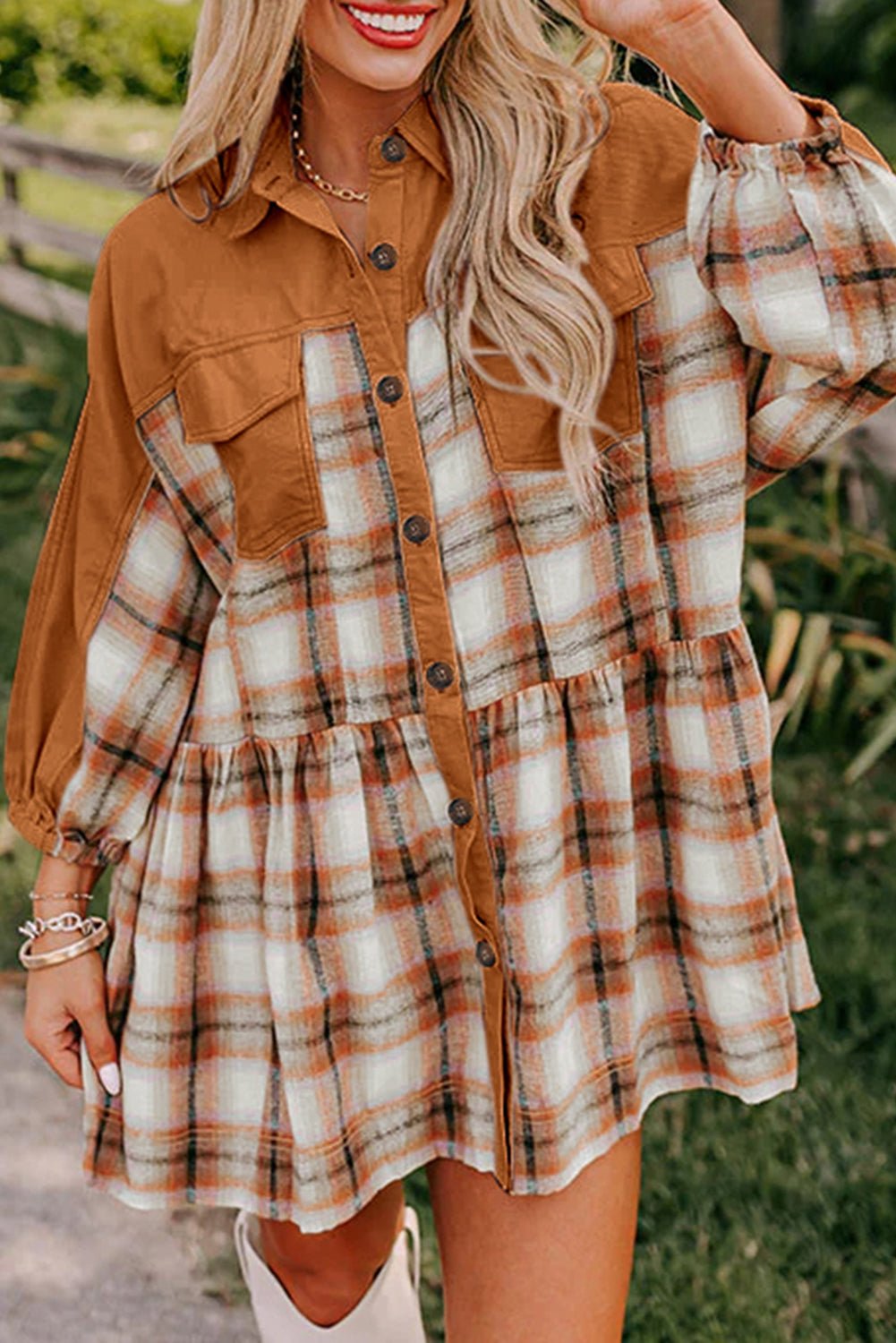 Khaki Plaid Colorblock Patchwork Ruffle Hem Tunic Shirt Dress - MAD RUFFI