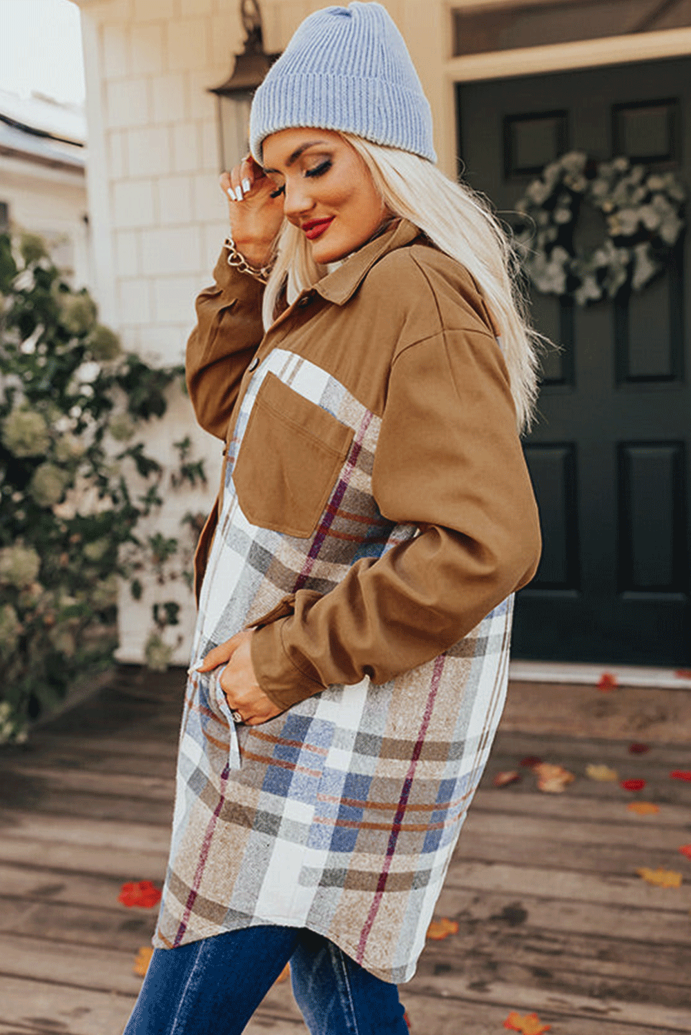 Khaki Plaid Patchwork Long Sleeve Jacket - MAD RUFFI