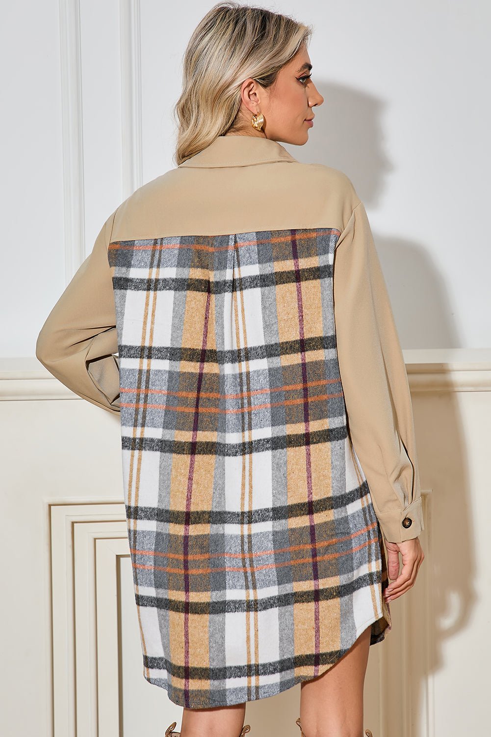 Khaki Plaid Patchwork Long Sleeve Jacket - MAD RUFFI