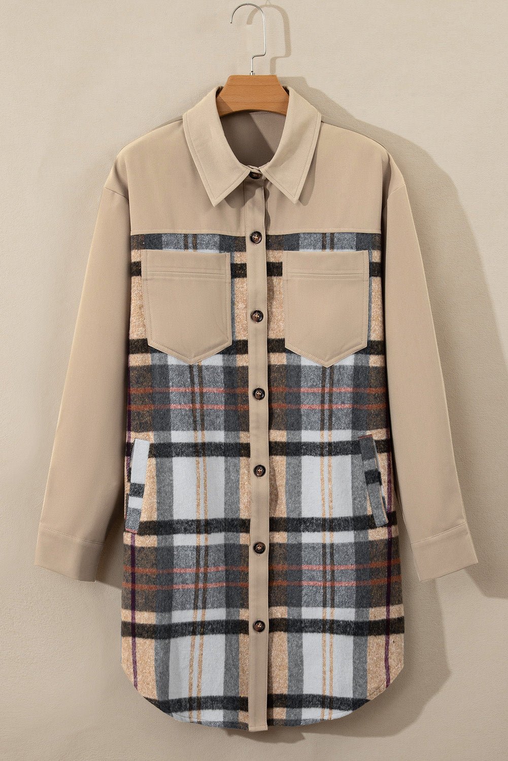 Khaki Plaid Patchwork Long Sleeve Jacket - MAD RUFFI