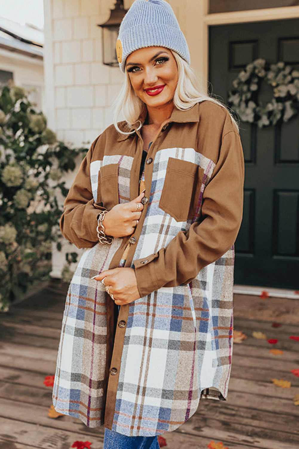 Khaki Plaid Patchwork Long Sleeve Jacket - MAD RUFFI