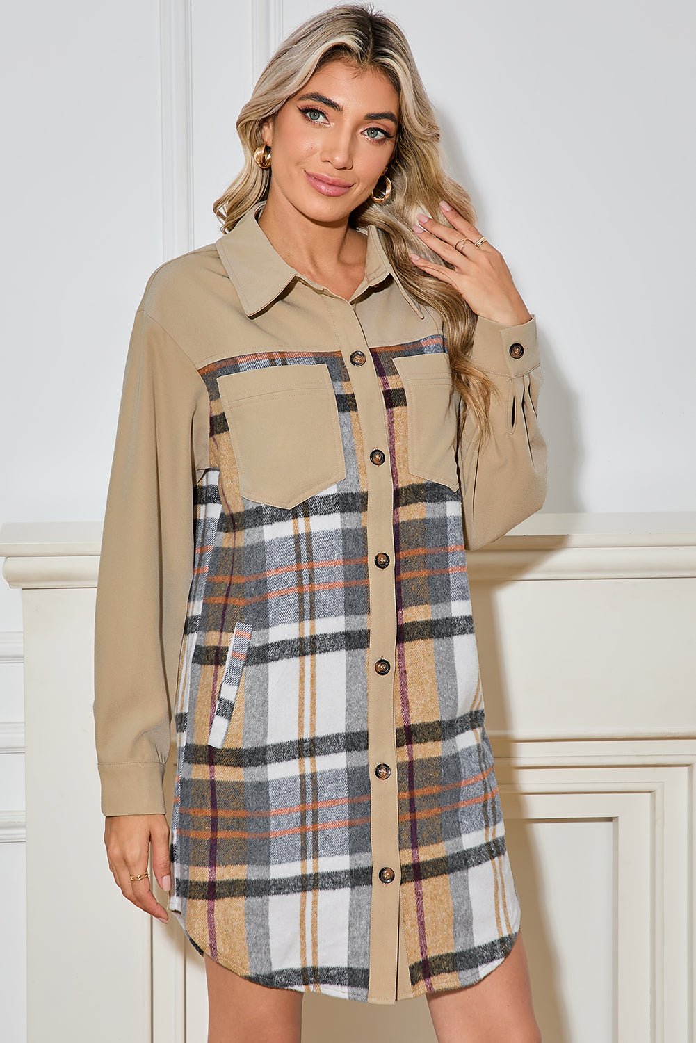 Khaki Plaid Patchwork Long Sleeve Jacket - MAD RUFFI
