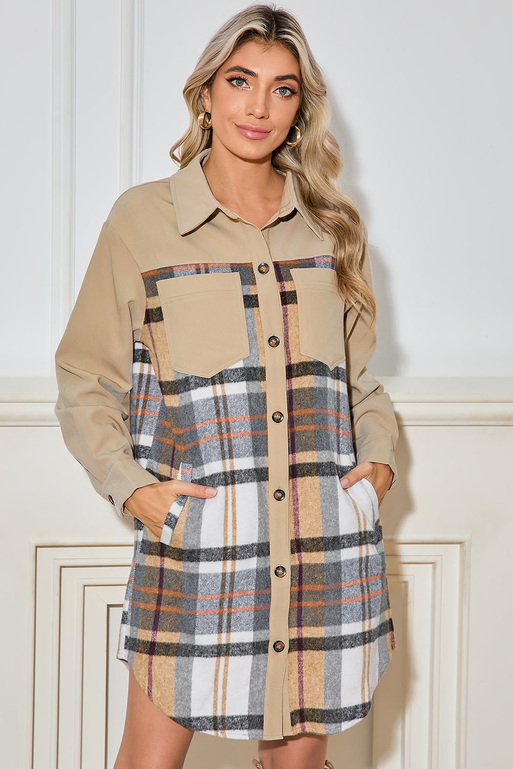 Khaki Plaid Patchwork Long Sleeve Jacket - MAD RUFFI