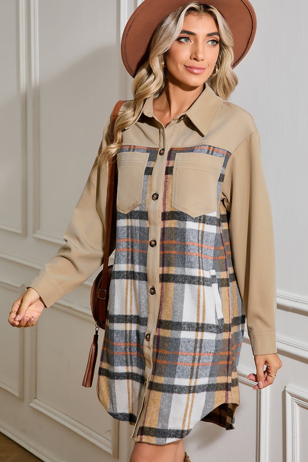 Khaki Plaid Patchwork Long Sleeve Jacket - MAD RUFFI