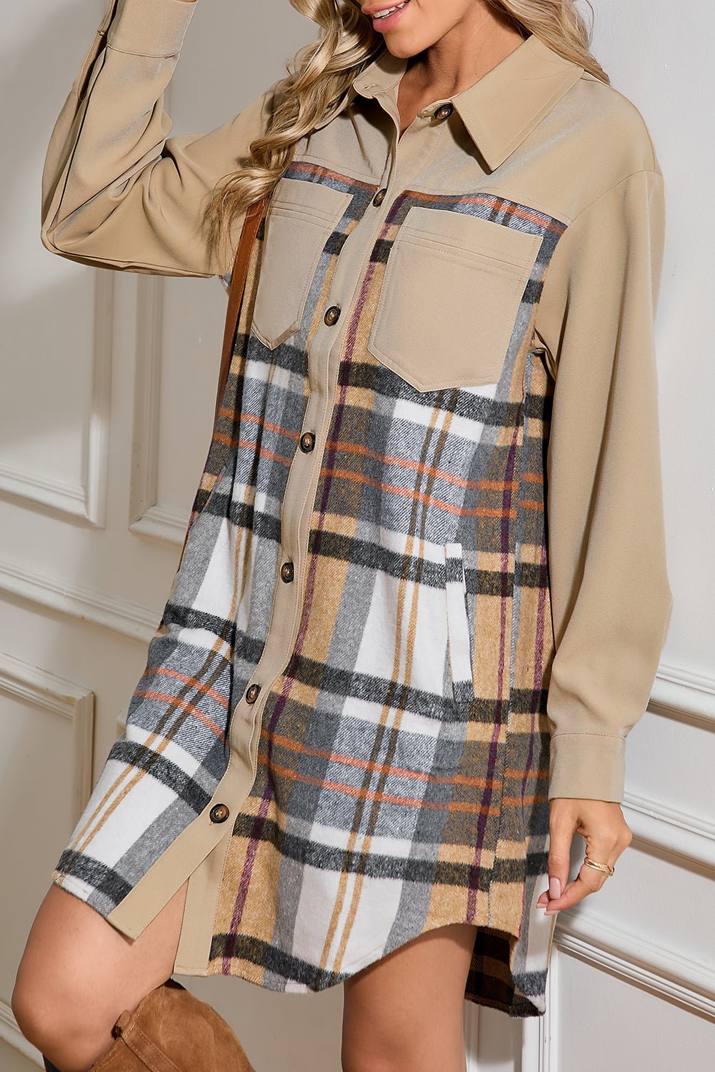 Khaki Plaid Patchwork Long Sleeve Jacket - MAD RUFFI