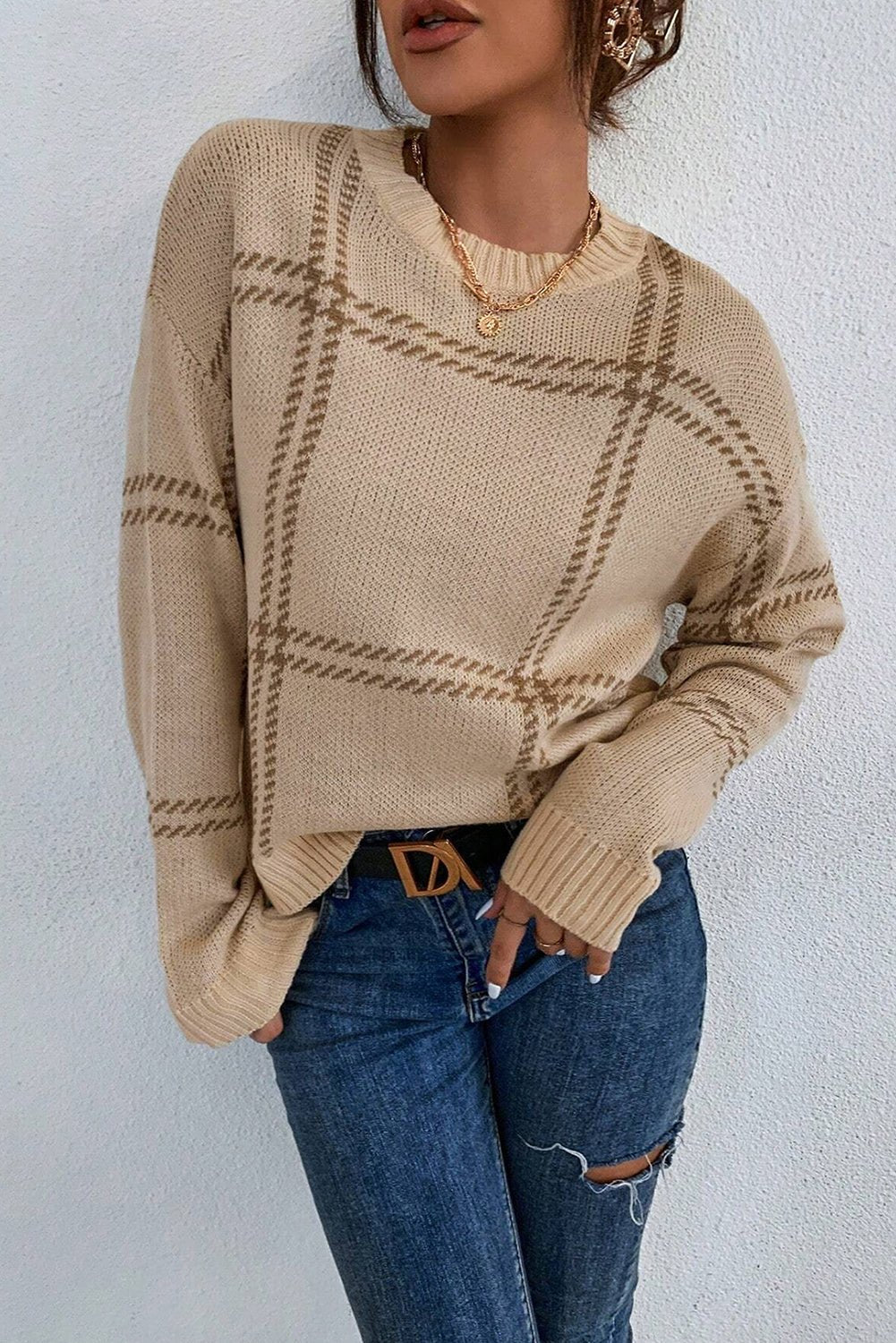 Khaki Plaid Pattern Knitted Drop Shoulder Sweater - MAD RUFFI