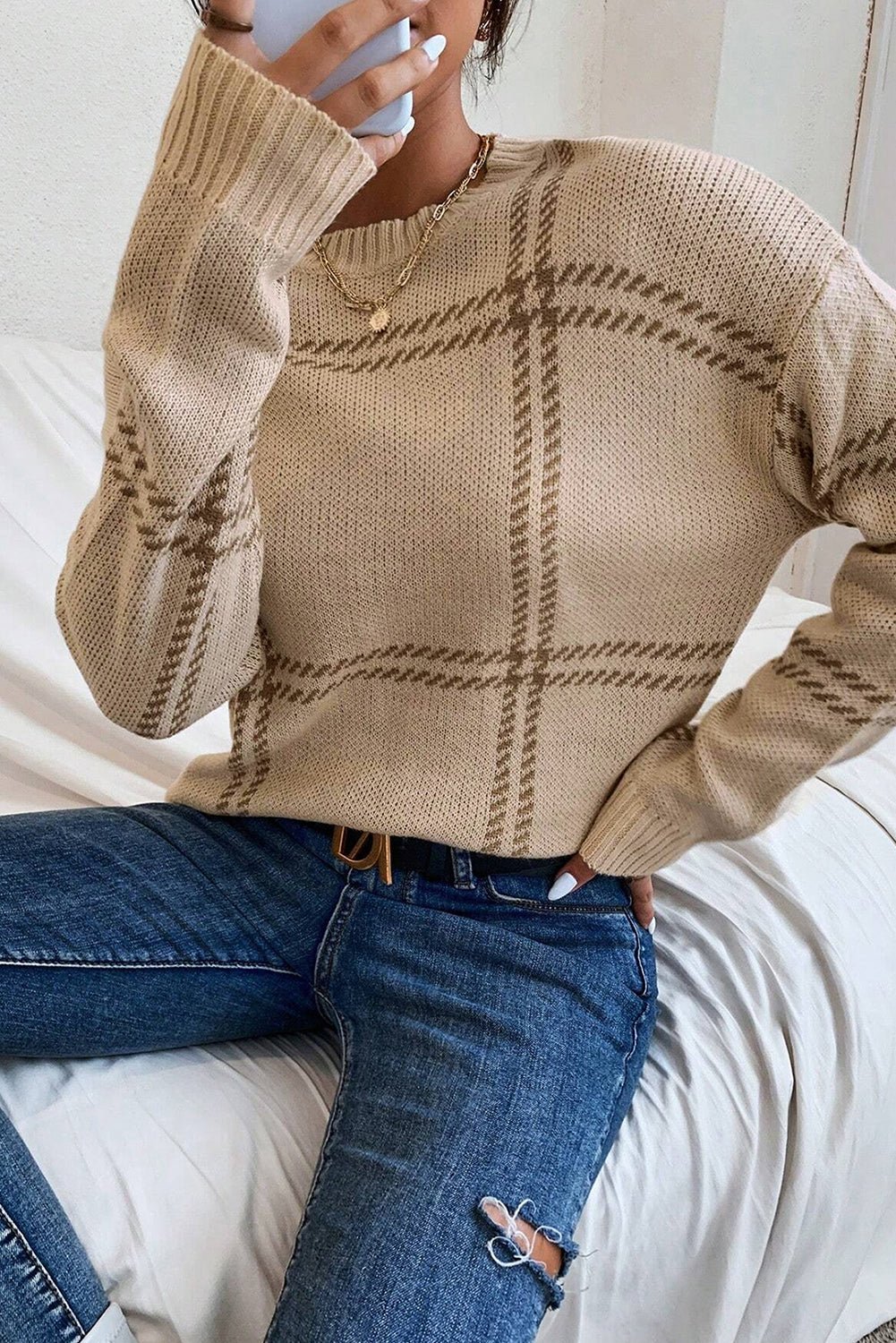 Khaki Plaid Pattern Knitted Drop Shoulder Sweater - MAD RUFFI