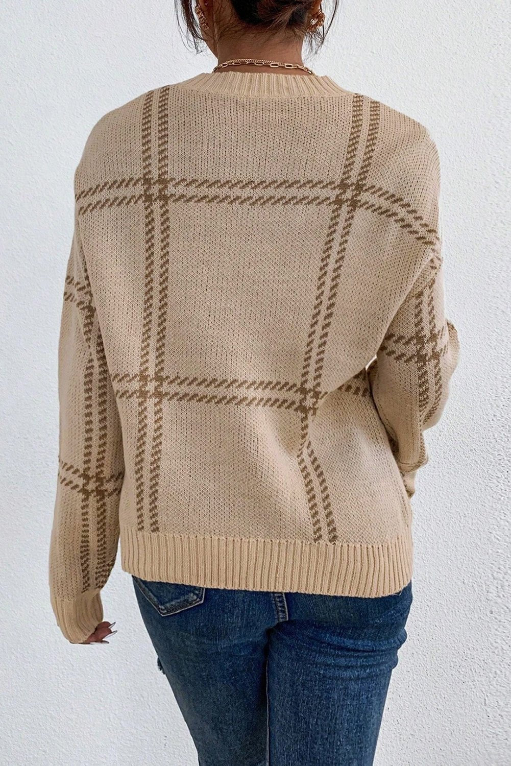 Khaki Plaid Pattern Knitted Drop Shoulder Sweater - MAD RUFFI