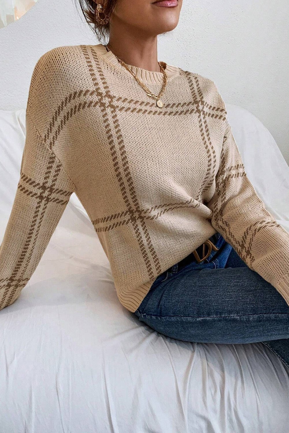 Khaki Plaid Pattern Knitted Drop Shoulder Sweater - MAD RUFFI