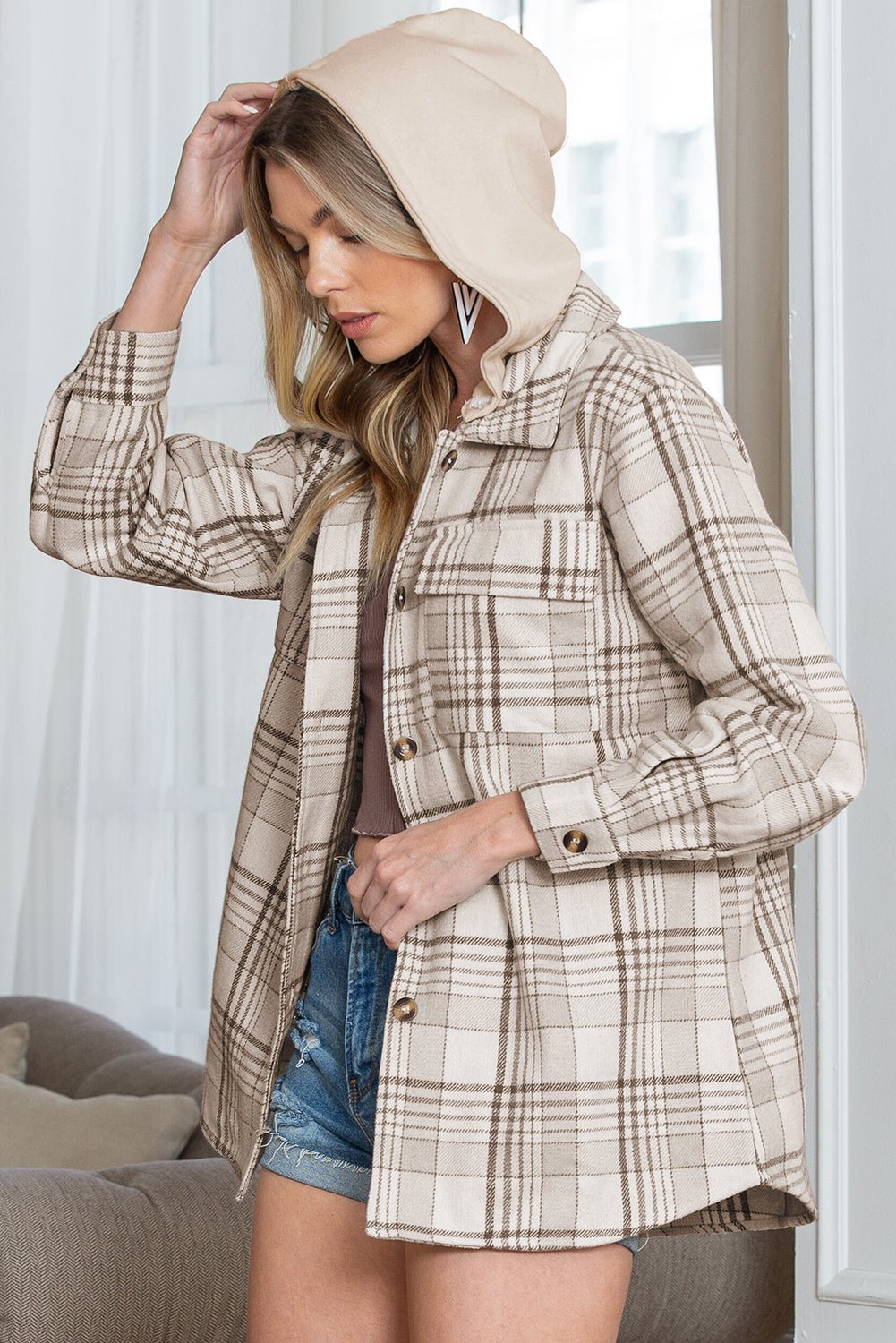 Khaki Plaid Removable Hooded Button Up Jacket - MAD RUFFI