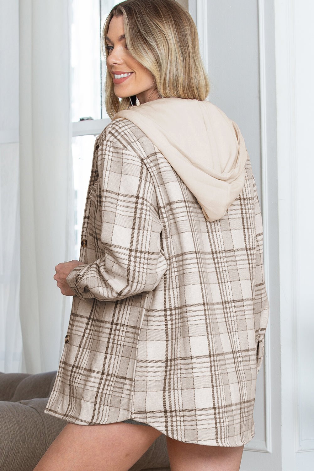 Khaki Plaid Removable Hooded Button Up Jacket - MAD RUFFI