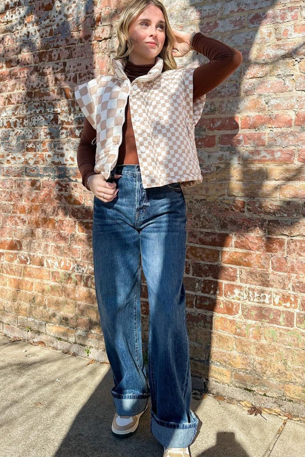 Khaki Plaid Stand Neck Button Down Vest - MAD RUFFI