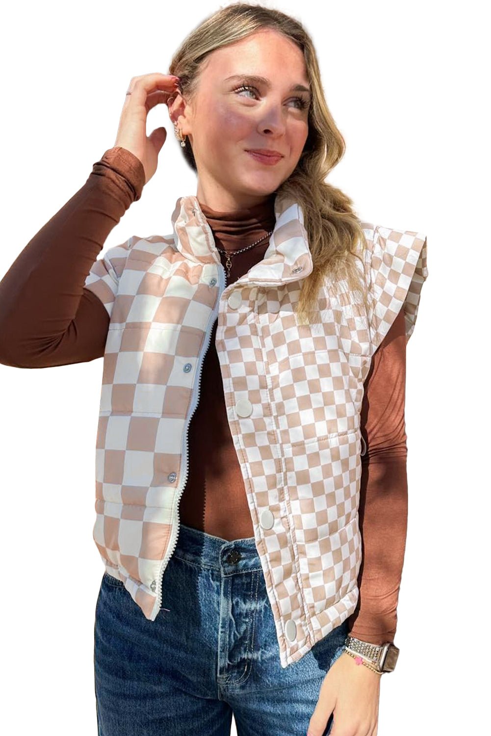 Khaki Plaid Stand Neck Button Down Vest - MAD RUFFI