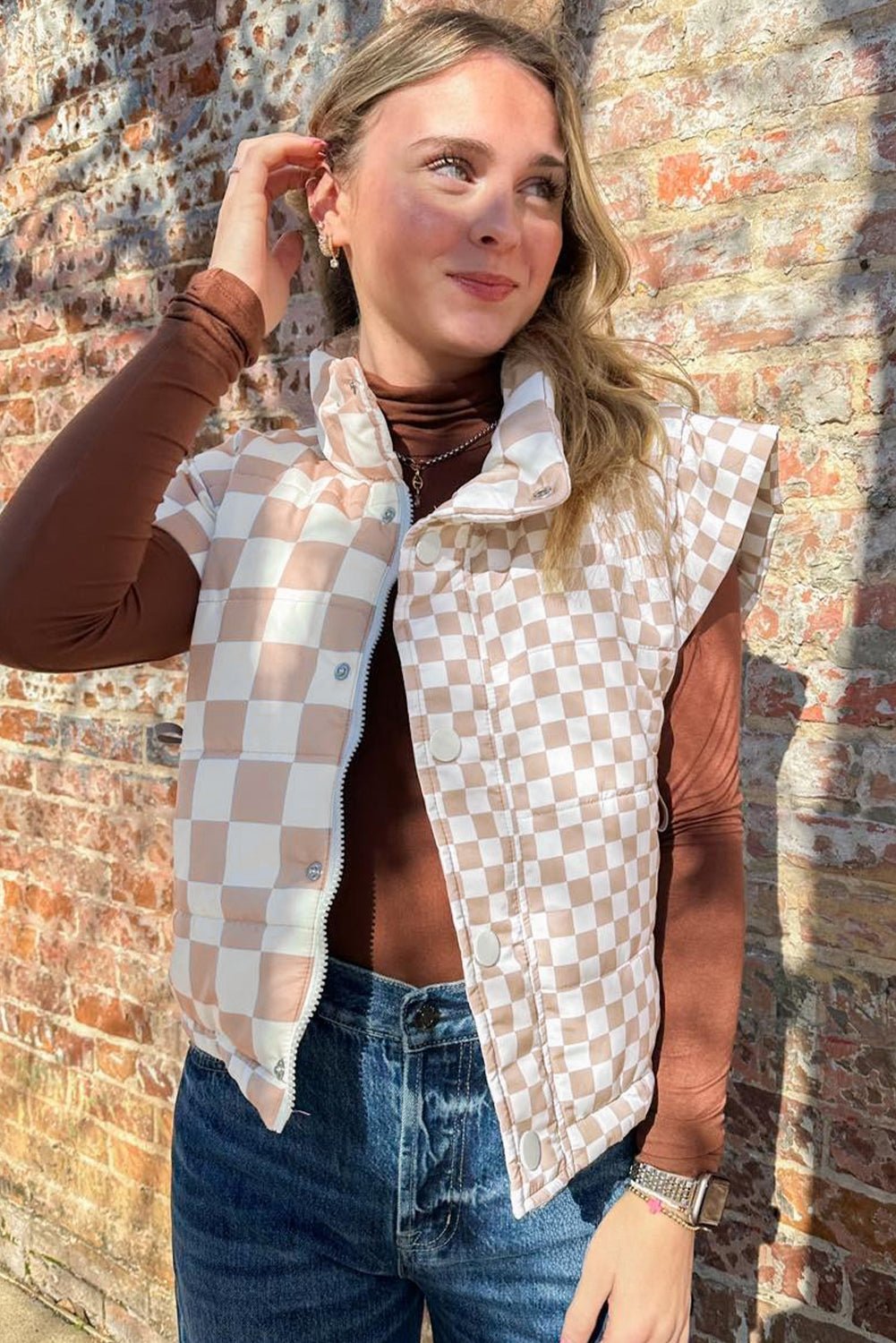 Khaki Plaid Stand Neck Button Down Vest - MAD RUFFI