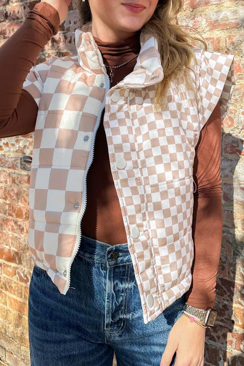 Khaki Plaid Stand Neck Button Down Vest - MAD RUFFI
