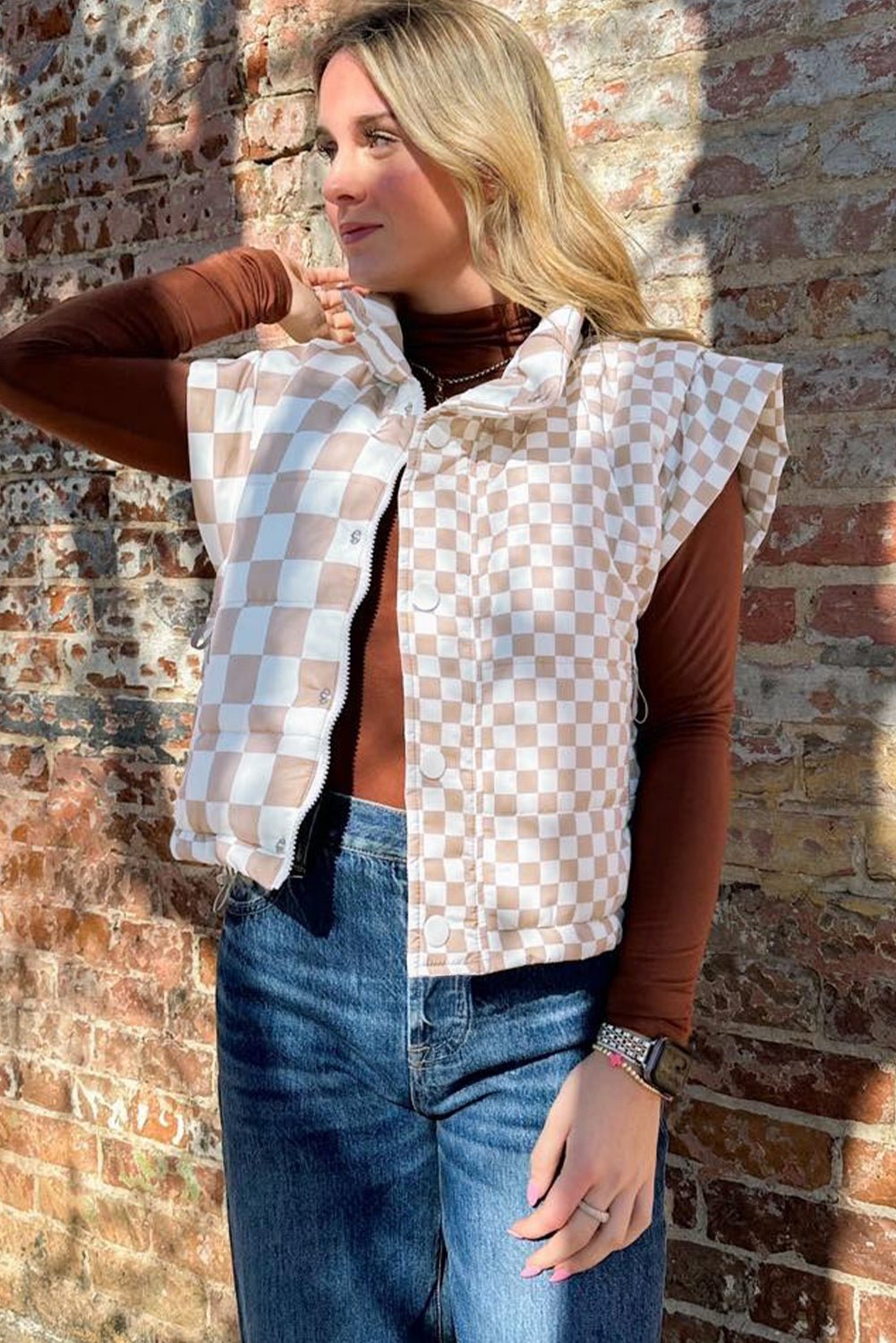 Khaki Plaid Stand Neck Button Down Vest - MAD RUFFI