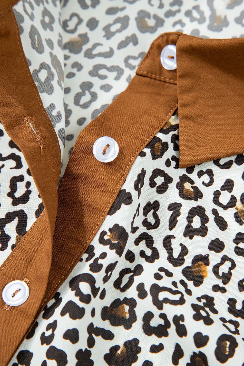 Khaki Plus Size Button V Neck Leopard Print Puff Sleeve Loose Mini Dress - MAD RUFFI